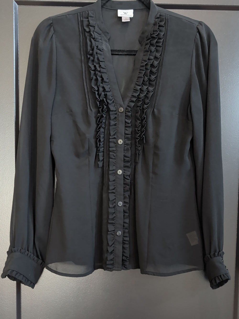 Black Ruffle-Front Button Down Sheer Blouse
